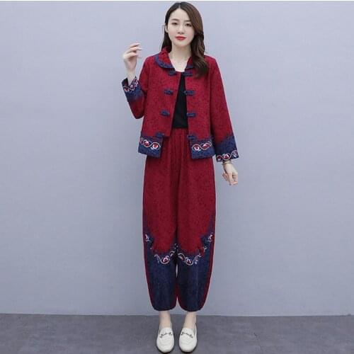 2021Retro Embroidered Cotton linen Two Piece Set Women Long Sleeve Coat+Tang Suit Lantern Pants Suit Female Pants Set 5XLC1437
