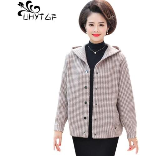 UHYTGF Hooded spring autumn sweater jacket women quality mink fleece elegant short cardigan women casual 4XL plus size coat 1743