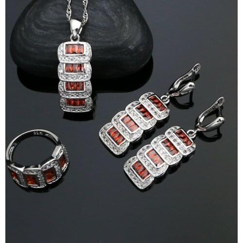 Square 925 Sterling Silver Bridal Jewelry Sets For Women Wedding White And Red Cubic Zirconia Earrings Ring Necklace Pendant