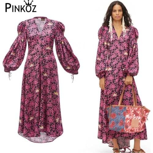 Pinkoz Vintage Print Dress Celebrity V-Neck Lantern Sleeve Bowknot Lace Up High Waist Dresses Female Fashion Spring Autunm Dress