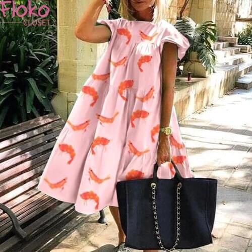 Flokocloset Summer Sweet Holiday A-Line Dress Short Sleeve O-Neck Print Midi Dresses for Women Party Vestidos