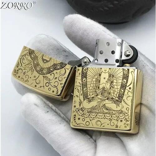 Zorro Kerosene Lighter Windproof Old Style Pure Copper Carving Sakyamuni Gasoline Oil Lighter Men Gift Brass Smoking Tool