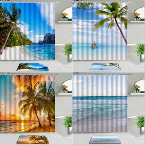 2pcs Ocean Scenery Printed Shower Curtains Set With Rugs Sea Beach Palm Tree Landscape Bathroom Decor Non-slip Floor Mat Carpet