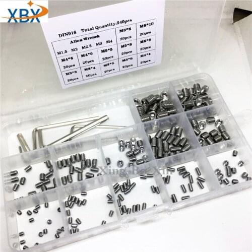 240pcs DIN916 M3 M4 M5 M6 M8 304 Stainless Steel Socket Cup Point Grub Screws With Hex Key Assortment Kit
