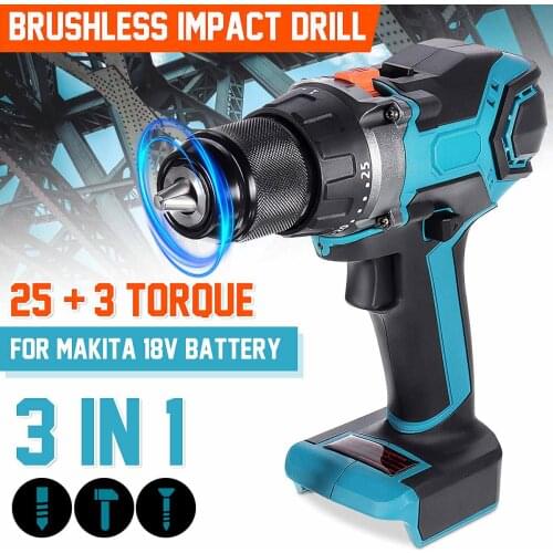 18V 13mm 450Nm 3 in 1 Brushless Electric Drill Screwdriver 20+3 Torque Cordless Impact Drill DIY Power Tools for Makita Battery