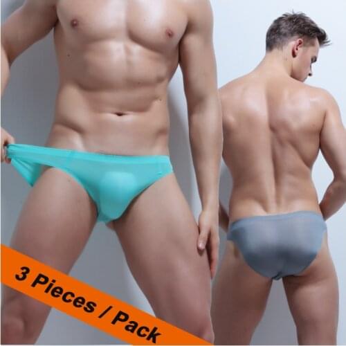 Seamless Mens Briefs 2019 Summer Bikini Underwear Mens Low Waist Penis Silk Ice Underwear Men Transparent Briefs