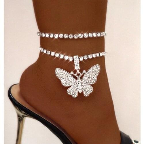 Shiny Crystal Rhinestones Butterfly Pendant Tennis Chain Anklet For Women Iced Out Big Butterfly Multi-layer Party Beach Jewelry
