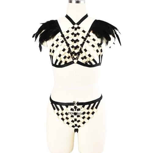 Feather Epaulettes Golden Ring Harness Bra Gothic Body Harness Set Sexy Lingerie Elastic Adjust Bottom Panties Thongs G-string