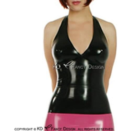 Black Sexy Halter Latex Shirt Rubber Top Clothes YF-0174