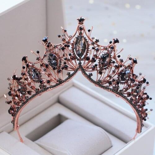 KMVEXO Baroque Rose Gold Black Crystal Bridal Tiara Rhinestone Diadem Pageant Crown for Brides Headband Wedding Hair Accessories