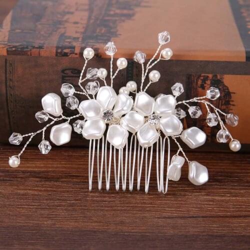 Elegant Cream Simulated Pearl Crystal Leaves Bridal Hair Comb Wedding Accessories EA