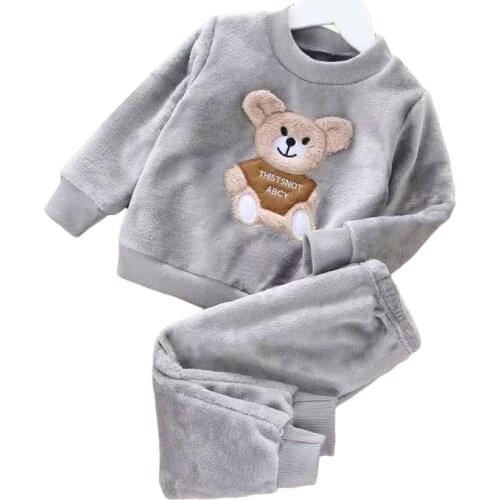 Autumn Winter Childrens Clothing Cartoons Bear Baby Boy Girl Soft Jacket Top Long Pant Sets Thick Warm Flannel Fleece Kids Suit