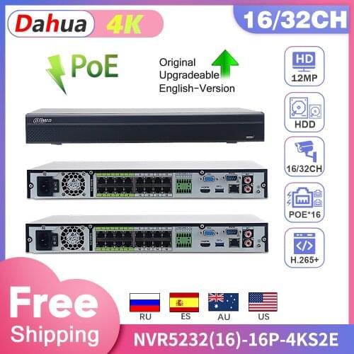 Dahua 4K NVR NVR5232-16P-4KS2E 32CH Recorder 16PoE SATA NVR Security Camera System H.265 Support Two Way Talk 800m ePoE & EoC