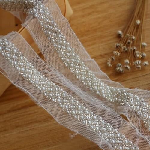 Pearl Beaded Lace Trim 2 Yard For Costume Wedding Dress Belt Brial Sash Jewelry Design