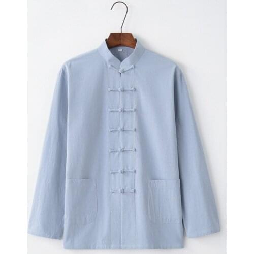 Mens Hanfu Cotton Linen Kung Fu Jacket Traditional Chinese Tang Suit Long Sleeve Top Tai Chi Uniform Azure Hanfu new arrival