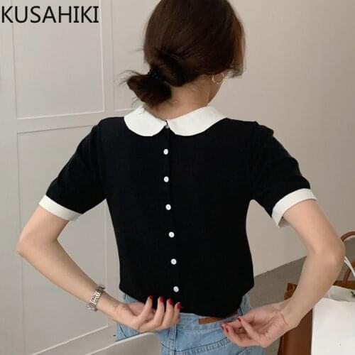 KUSAHIKI Contrast Color Peter Pan Collar Sweet Knitwear Summer Chic Short Sleeve Women Causal Back Buttons Knitted Tops 6H327