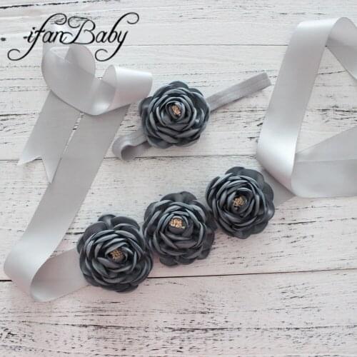 Fashion women belt ,girl flower sash belt,wedding sash ,Grey flower Sash belt matching burn fabric flower headband 1 SET