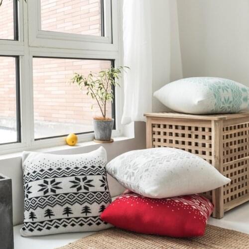 Soft Cotton Knit Cushion Cover Snow Flake Blue Grey Black Red Solid Pillow Case 45cm*45cm Christmas Decoration Zip Open