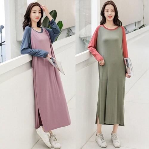 Modal nightdress long-sleeved dress spring autumn thin section women Korean loose пижама large size plus long nightdress