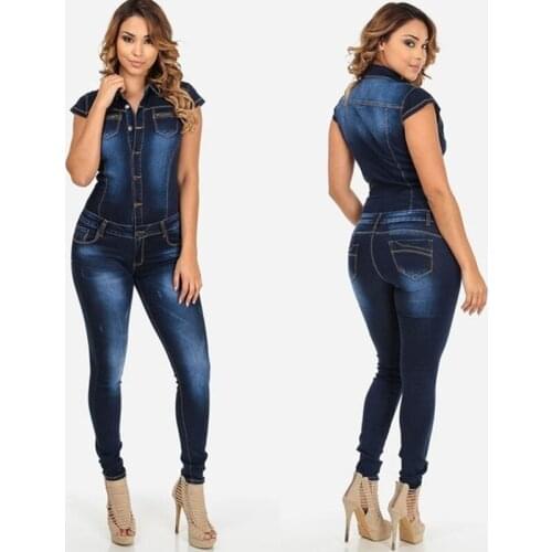 New Jumpsuits Jeans Women Short Sleeves Denim Overalls Shirt Rompers Girls Pants Jeans S-XL Bodysuit