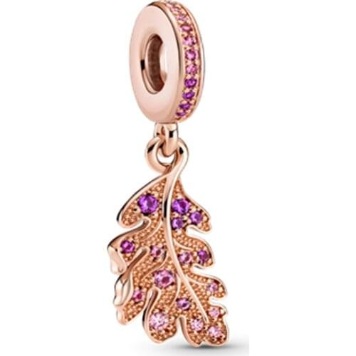 New Original Rose Gold Pink Leaf Pendant Beads Fit European Pandora Charms Bracelet Bangles P670