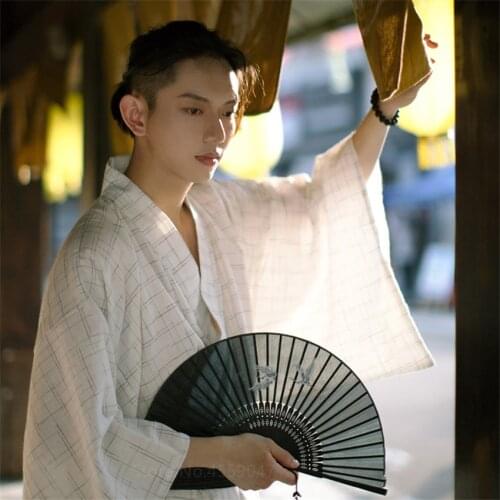 Kimono Sleepwear for Man Japanese Yukata Haori Traditional Bathrobe Pajamas Sets Plaid Samurai Nightgown Leisure Wear Nightgown