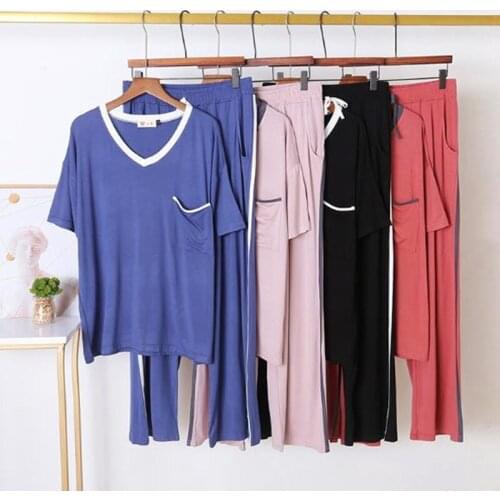 New spring summer large size pajamas women short sleeve trousers pijamas set modal cotton loose sleepwear v-neck pyjama femme