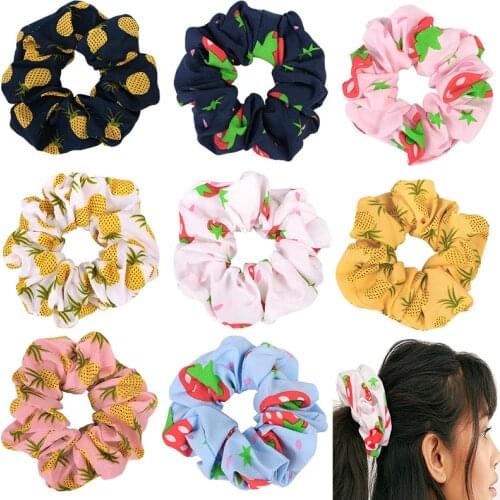 Strawberry Pineapple Printed Scrunchie Elastic Hair Band Hair Ties Girls Cute Elastic Ponytail Holder White Pink Yellow Headwear