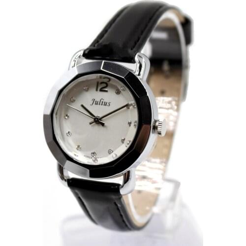 Luxury Brand Female Analog Quartz Round Watch Japan PC21J Movement Black Faux Leather Strap White Dial