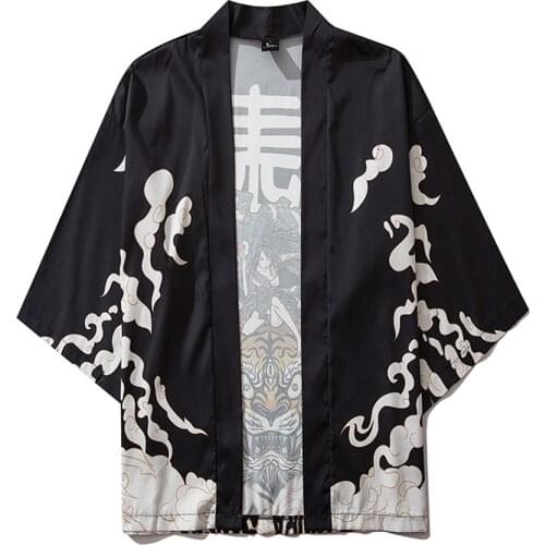 Wave Printed Shirts Black Kimono Cardigan Traditional Japan Clothing For Women Men Plus Sized Male Mens Cloak Jacke Top Camisa