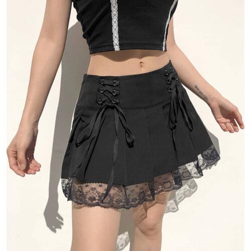 Womens Skirt Dark Lace Stitching Girl JK Pleated Skirt Sweet Sexy Punk Strap Harajuku Vintage Skirt Size Para Pleated Skirt