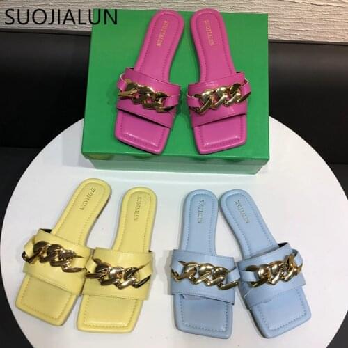 SUOJIALUN 2021 New Summer Women Slipper Fashion Gold Chain Slides Square Toe Slip On Sandal Shoes Ladies Casual Beach Flip Flops