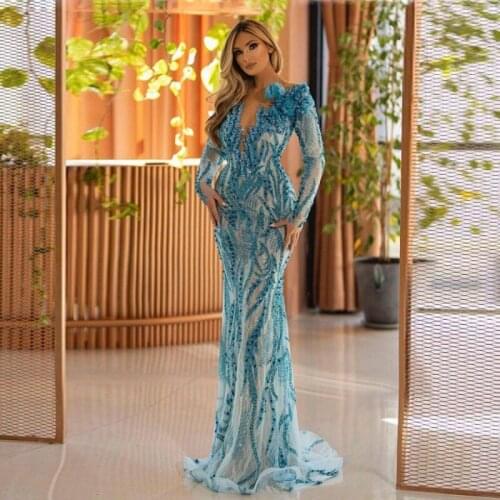 Gorgeous Blue Mermaid Prom Dresses Sheer Long Sleeves Appliques Beads Evening Gowns Tulle Robe De Soiree Formal Party Dress