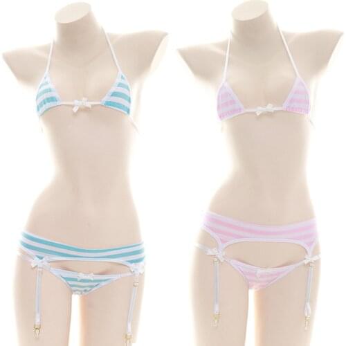 Japanese Sexy Cute 2021 Lingerie Set Underwear Women Micro Bikini Mini Bra and Panty Garter Blue Pink Striped Bras Thong