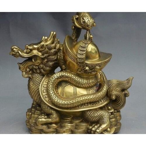 YM 317 China FengShui Brass Dragon Turtle Longevity Tortoise Snake YuanBao Coin Statue