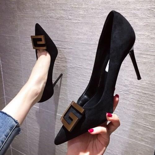 Womens High Heels Korean Style Single Shoes Pointed Toe Shoes Mouth All-match Stiletto Suede Shoes with Metal Decoration