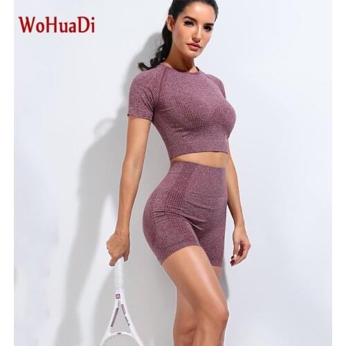 WOHUADI Women Short yoga set Fitness Short Sleeve Crop Top Shirts Running Workout Gym Suit Clothes High Waist Shorts Sportswear
