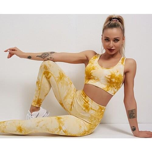 CHRLEISURE Tie Dye Women Tracksuit Pant Suits Two Piece Set Women Seamless Print Bra And High Waist Leggings For Sports Outfits