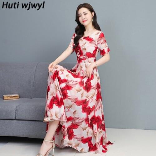Plus Size Beach Vacation Midi Dresses Summer Elegant Women Bodycon Party Vestidos 2021 Vintage Print Chiffon Boho Maxi Sundress