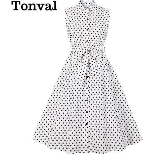 Tonval High Waist Belted 50s Pinup Vintage Midi Dress Turn-Down Collar Button Up Elegant Women Pocket Side Polka Dot Dresses