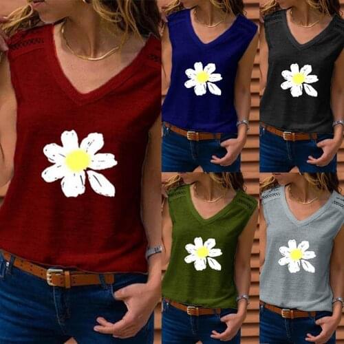 Women Fashion Sleeveless V Neck Marguerite Print Streetwear Vest Tank Top Blouse