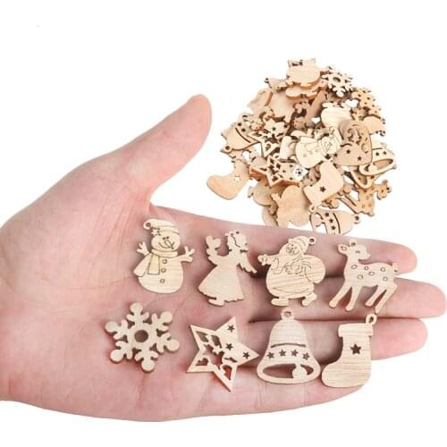 50pcs Christmas Natural Wooden Chip Christmas Tree Hanging Ornaments Pendant Kids Gifts santa claus tree Shape Crafts xmas natal