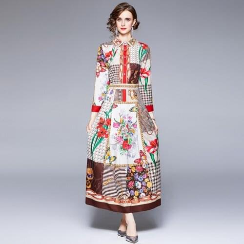 Banulin Women Dress New Fashion Retro Spring Autumn Elegant Slim Vintage Party Runway Print Shirt Office Work Long Maxi Dress