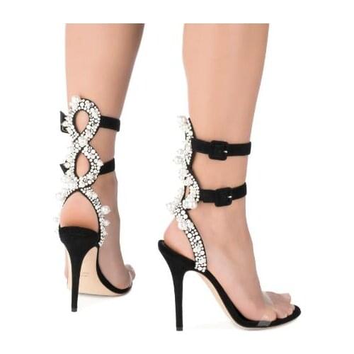 Free Shipping Sexy Women Transparent PVC Pearls back Buckle Straps Stiletto Heel Party High Heel Dress Sandals Lady Big Size