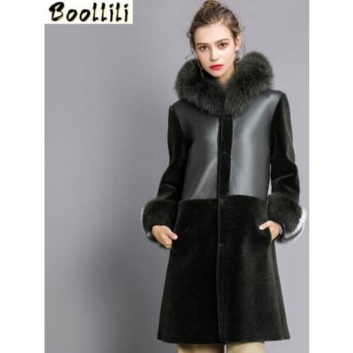 Boollili 2020 Winter Natural Wool Jackets For Women Real Fur Coat Thicken Warm Fur Coats PU Leather Jacket Fox Fur Hooded