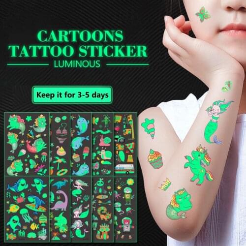 Childrens Luminous Temporary Tattoos Cartoon Unicorn Mermaid Bear Stickers for Kids Fluorescent Waterproof Sweat Tattoo Sticker