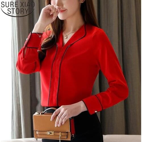 Elegant Women Womens Tops and Blouses V-neck Solid White Long Sleeve Shirts Panelled Pullover OL Blusas Mujer De Moda 8394 50