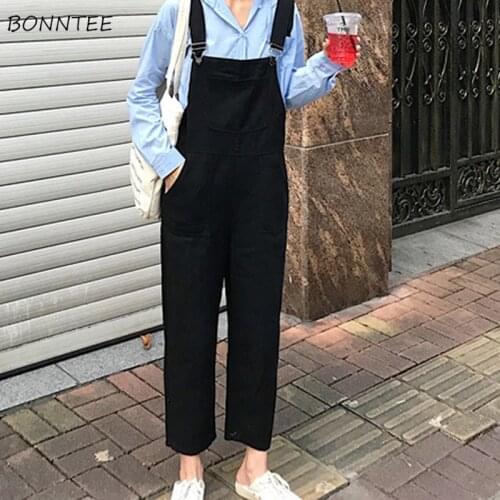 Jumpsuits Women Black Big Pockets Leisure High Quality Students Ankle-length Jumpsuit Korean Style Simple All-match Womens Denim