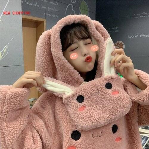 Teddy Jacket 2021 Autumn Women Cute Kawaii Hoodie Rabbit Hooded Solid Casual Thin Lambswool Jacket with Bag Coat Girl White Pink