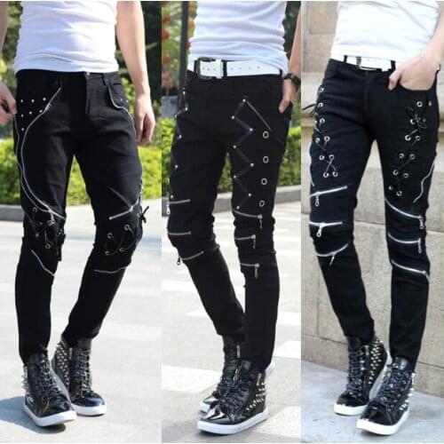 2020 New Arrival Spring Fashion Mens Punk Skinny Pants For Man Cool Cotton Casual Pants Zipper Slim Fit Black Goth Trousers 26